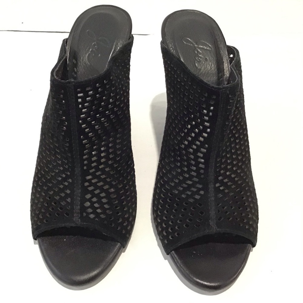 2/$20 Joie Black Laser Cut Suede Wedge Sandals Mule sz 6